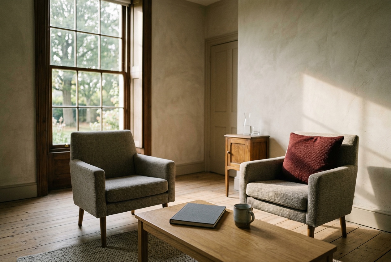 A consultation room in warm afternoon light, two chairs facing each other